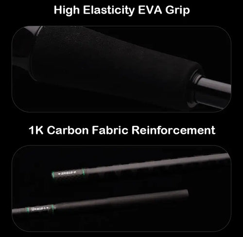 Ultralight lure rod with black EVA grip and 1K carbon fiber reinforcement along blank