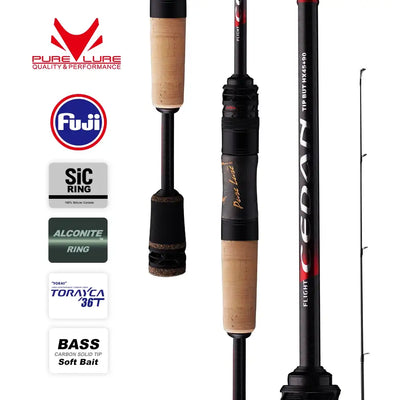 Baitcasting fishing rod with black blank, cork handles, and EVA reel seat