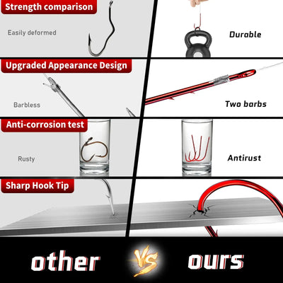 Red long-shank bait holder fishing hooks with barbed tips and corrosion-resistant finish