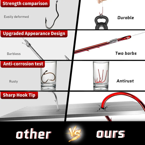 Red long-shank bait holder fishing hooks with barbed tips and corrosion-resistant finish