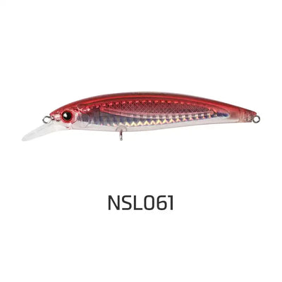 Red mackerel floating minnow jerkbait with pointed lip and treble hooks