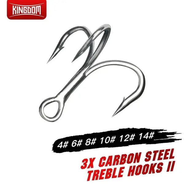 8-pack treble fishing hooks, dark gray/steel finish, three barbed points