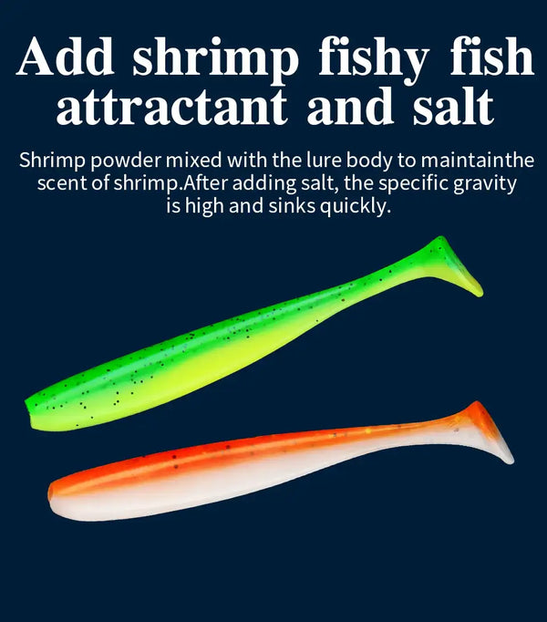 Green and orange soft plastic shad lures with speckled bodies and T-tail fins.