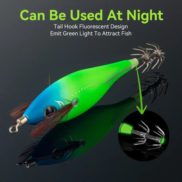 Fluorescent green squid jig lure with blue gradient body and multiple hooks