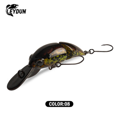 Floating minnow crankbait lure, black and green camo pattern, silver belly, two treble hooks