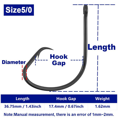 Black inline circle fishing hook, Size 5/0, barbed tip