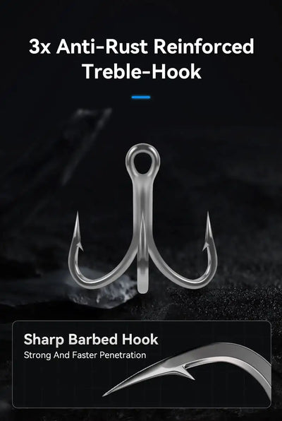 Three anti-rust treble hooks with sharp barbed points for minnow lure.