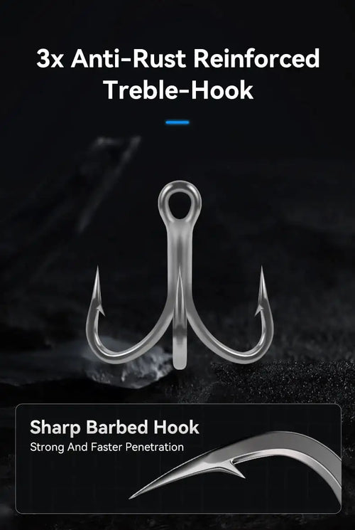 Three anti-rust treble hooks with sharp barbed points for minnow lure.