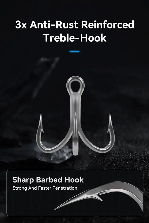 Three anti-rust treble hooks with sharp barbed points for minnow lure.