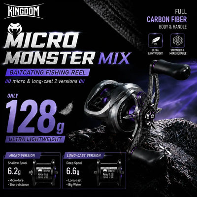 Ultralight baitcasting fishing reel with black body, silver spool, purple accents.