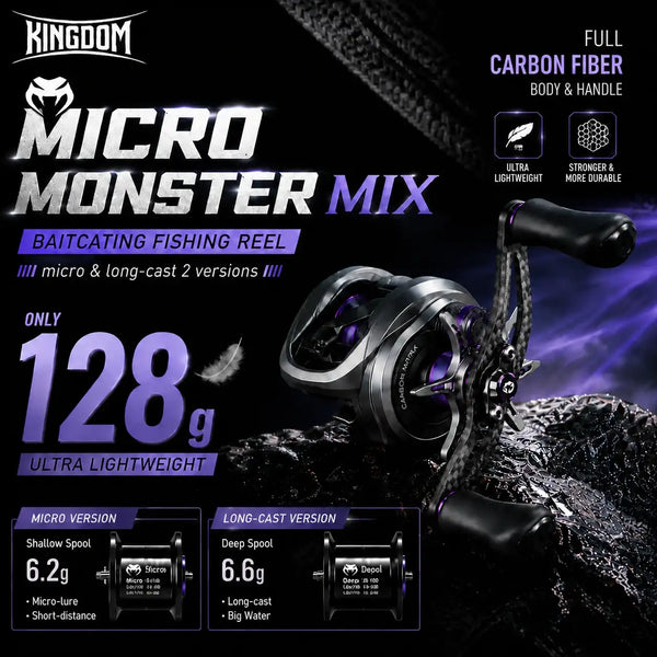 Ultralight baitcasting fishing reel with black body, silver spool, purple accents.