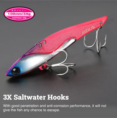 Pink glitter metal vibration lure with three treble saltwater hooks and silver body