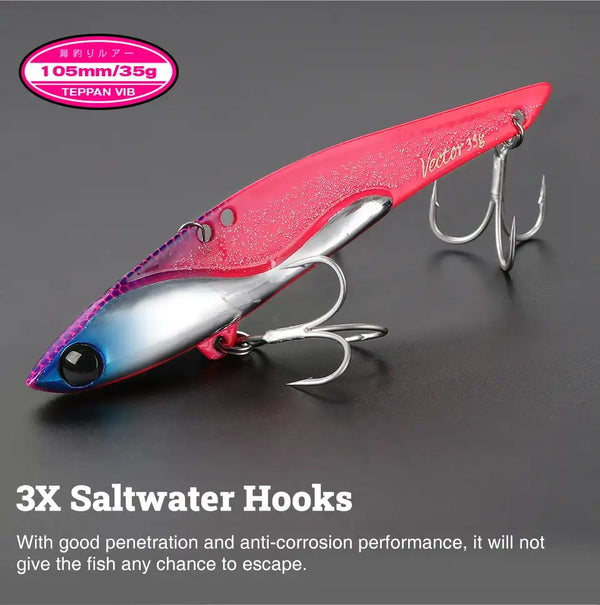 Pink glitter metal vibration lure with three treble saltwater hooks and silver body