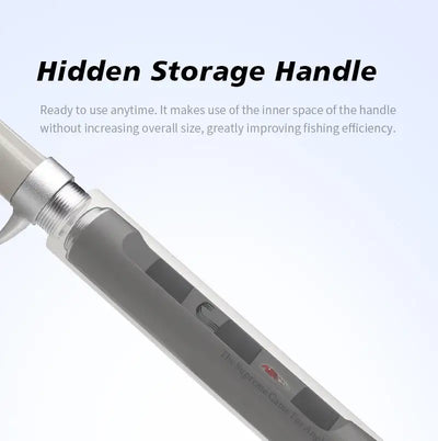 Fishing rod hidden storage handle with metal reel seat area