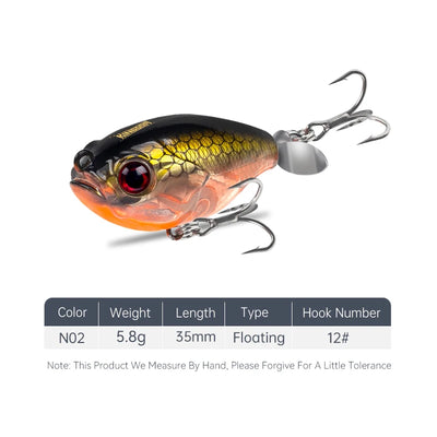 Floating topwater lure, gold and orange body with red eye and silver treble hooks