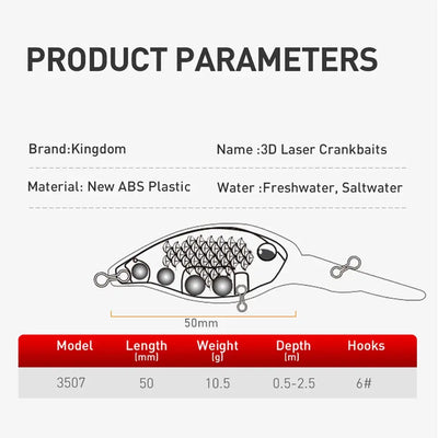 Crankbait lure product parameters diagram showing 50mm length and hook count