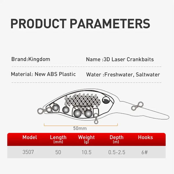 Crankbait lure product parameters diagram showing 50mm length and hook count