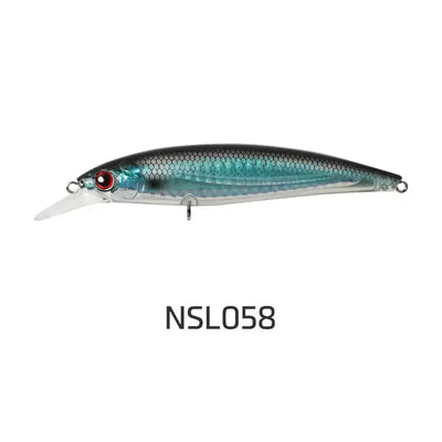 Teal metallic floating minnow jerkbait with dark back, red eye, treble hooks