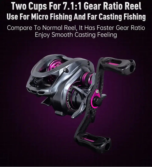 Compact baitcasting fishing reel with purple accents and double spools