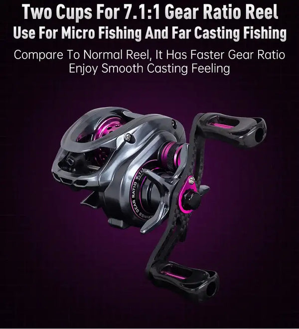 Compact baitcasting fishing reel with purple accents and double spools