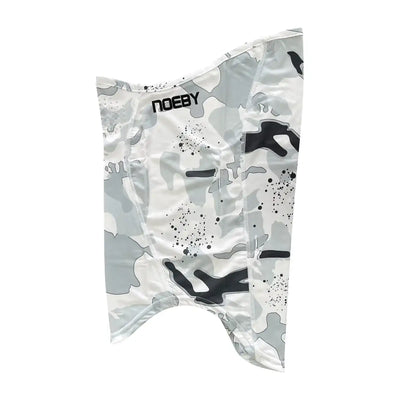 Grey camo face and neck gaiter shield, front view with NOEBY logo