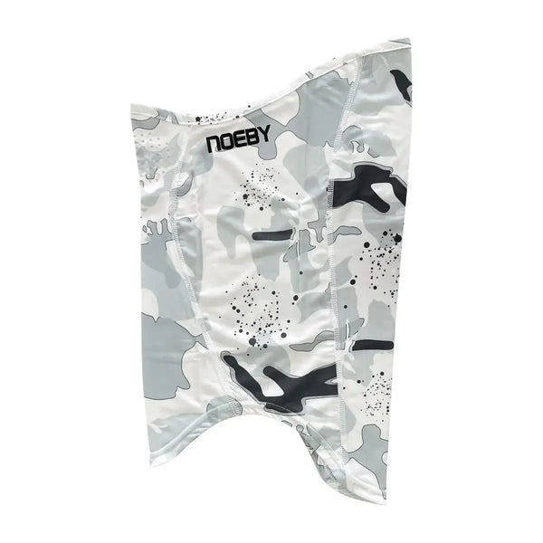 Grey camo face and neck gaiter shield, front view with NOEBY logo