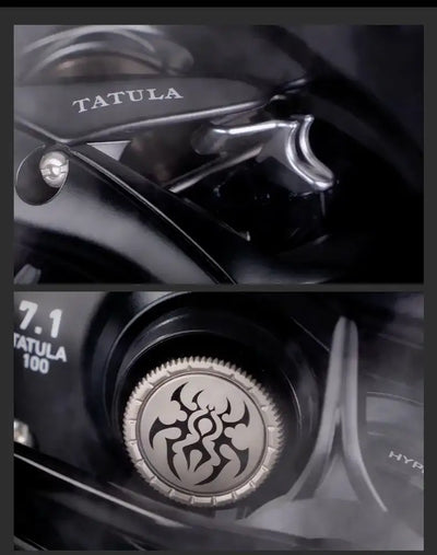 Daiwa Tatula TW baitcasting fishing reel, handle and star-drag detail on black frame.
