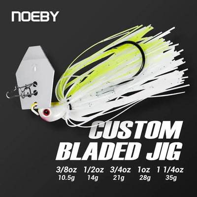 Bladed chatterbait jig with white skirt and neon chartreuse accents, metal blade
