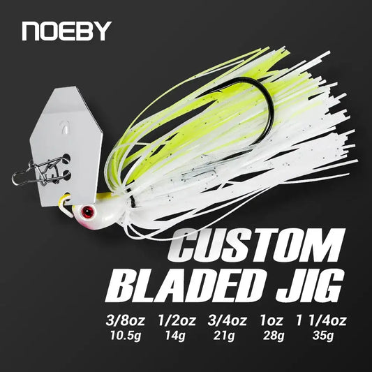 Bladed chatterbait jig with white skirt and neon chartreuse accents, metal blade