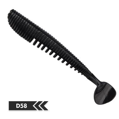 Soft fishing lure, dark black ribbed silicone bait, tapered paddle tail