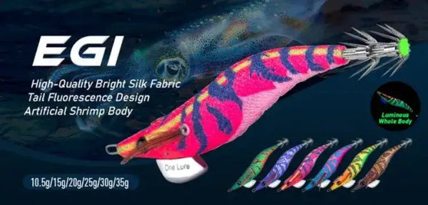 Fluorescent shrimp-style EGI jig lure, pink and purple patterned body with tentacle hooks