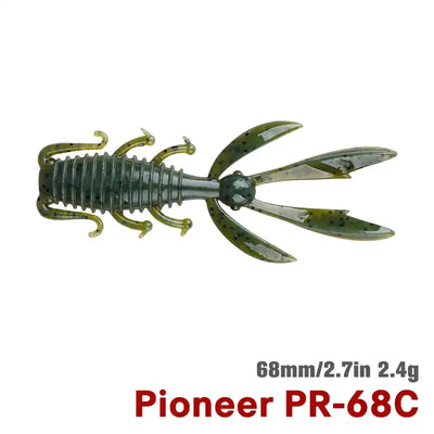 Olive green speckled soft silicone shrimp lure with long claws and forked tail fins, 68mm