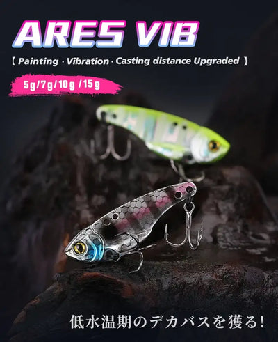 Tsurinoya Ares-A metal vib lure in metallic silver with blue pink accents features low center of gravity and dual line-tie