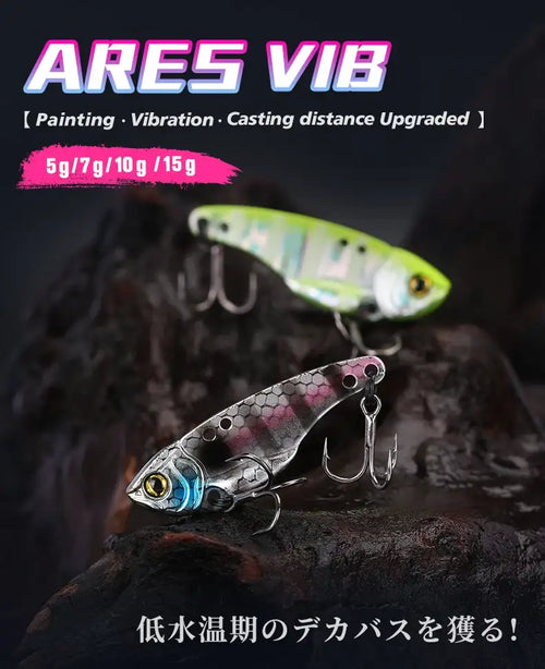 Tsurinoya Ares-A metal vib lure in metallic silver with blue pink accents features low center of gravity and dual line-tie