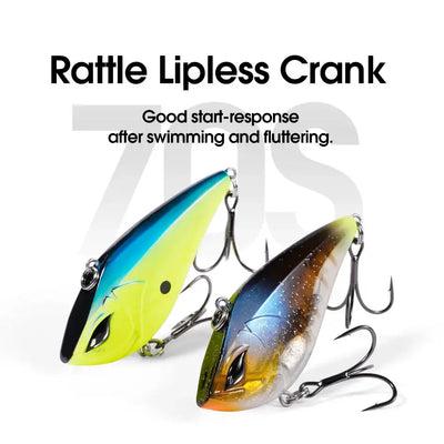Two lipless crankbait lures: neon green-blue and dark sparkle colors with treble hooks