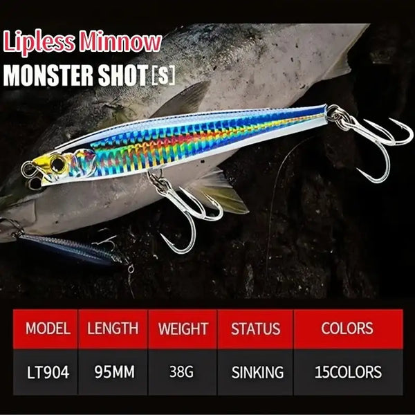 Blue and yellow iridescent lipless minnow sinking lure with three treble hooks