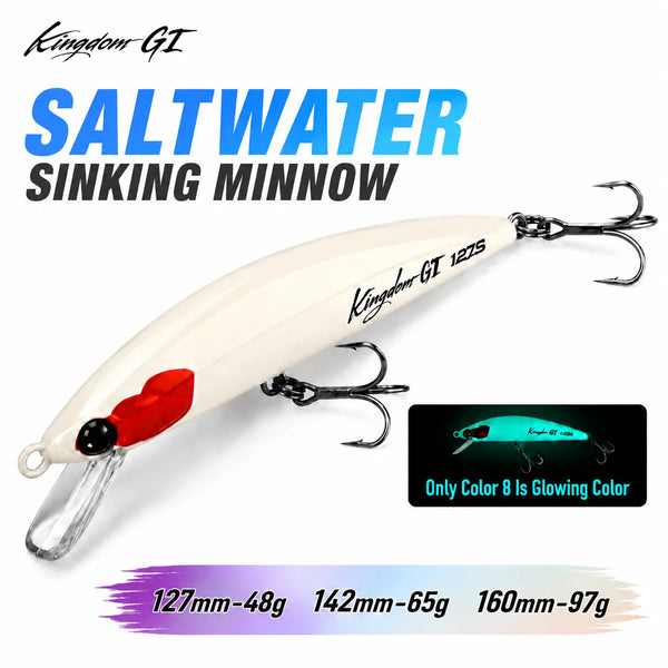 Saltwater sinking minnow lure, cream body with black eye, red tail, and two treble hooks