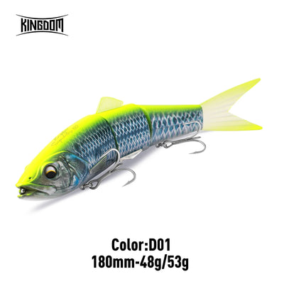 4-segment jointed hard body swimbait lure, neon green and blue, 180mm