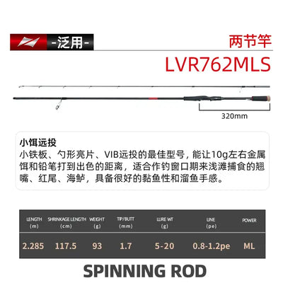 Carbon fiber spinning fishing rod, black blank with reel seat and line guides