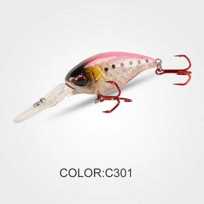 Crankbait in pinkish pearl color with red treble hooks and clear lip