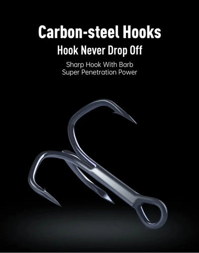 Two treble hooks on a hard bait fishing lure, carbon-steel style hook shapes