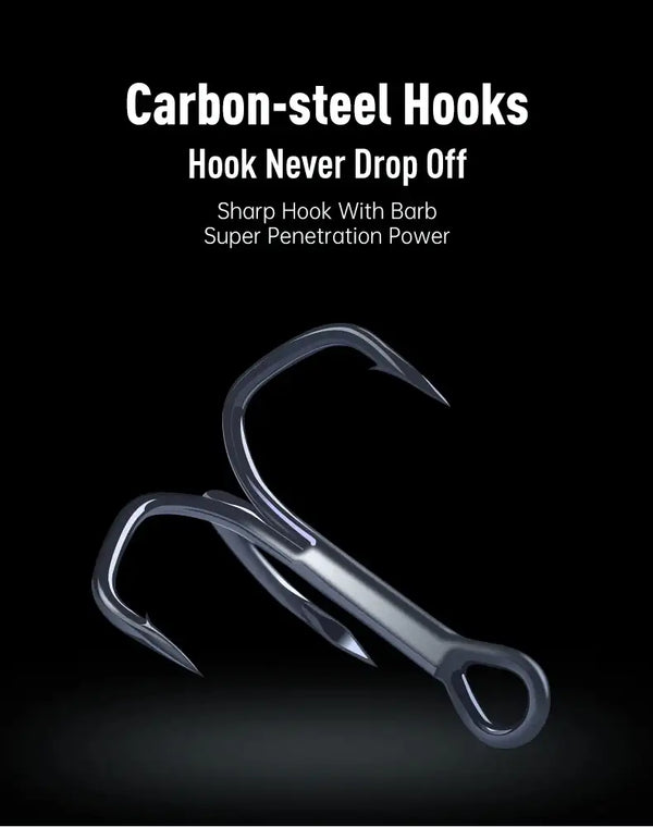 Two treble hooks on a hard bait fishing lure, carbon-steel style hook shapes