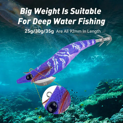 Purple squid jig lure with silver hook skirt and ring loop eye on shrimp-like body