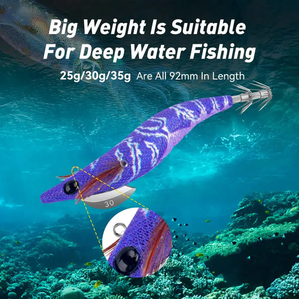 Purple squid jig lure with silver hook skirt and ring loop eye on shrimp-like body