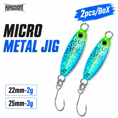 Kingdom micro metal jig fishing lures, 2-pack green-blue with single hooks