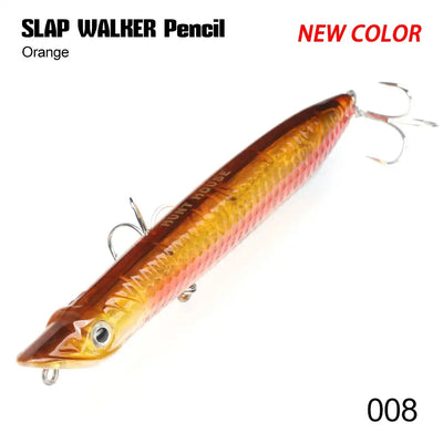 Orange pencil fishing lure with treble hooks