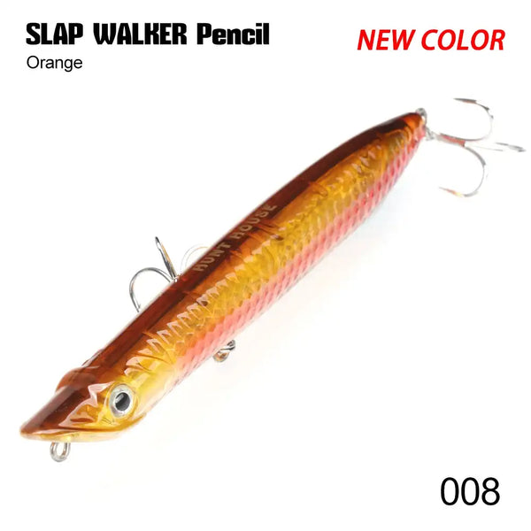 Orange pencil fishing lure with treble hooks