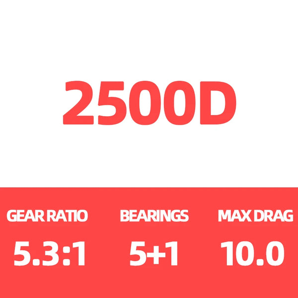 Fishing reel 2500D spec: gear ratio 5.3:1, 5+1 bearings, max drag 10.0