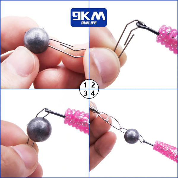 Step-by-step attachment of a gray ball sinker hook clip to a pink soft lure