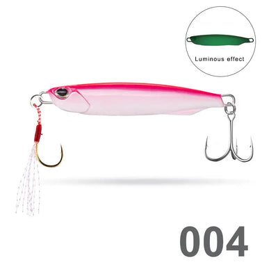 Hunthouse metal pencil jig 004: pink body, green luminous detail, skirt, double hooks